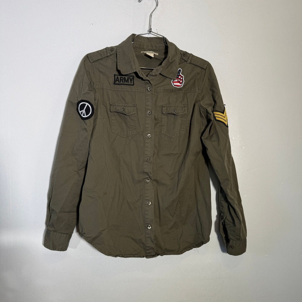 Military Button‎ Down Shirt Womens Medium Green Army Patch Utility
